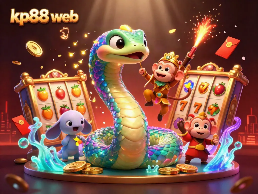 Experience thrilling gaming action with kp88 web's vibrant online casino scene featuring animated characters and slot elements.