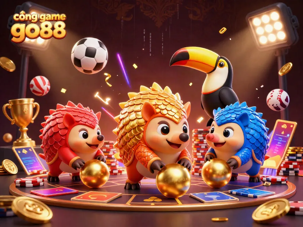 Experience excitement at cổng game go88 with rival pangolins bowling through poker chips in a vibrant casino scene.