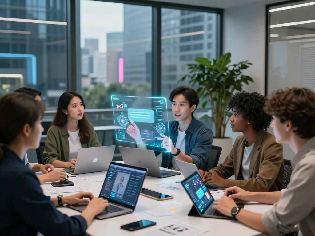 Diverse professionals exploring juicy AI technology in a modern urban conference.