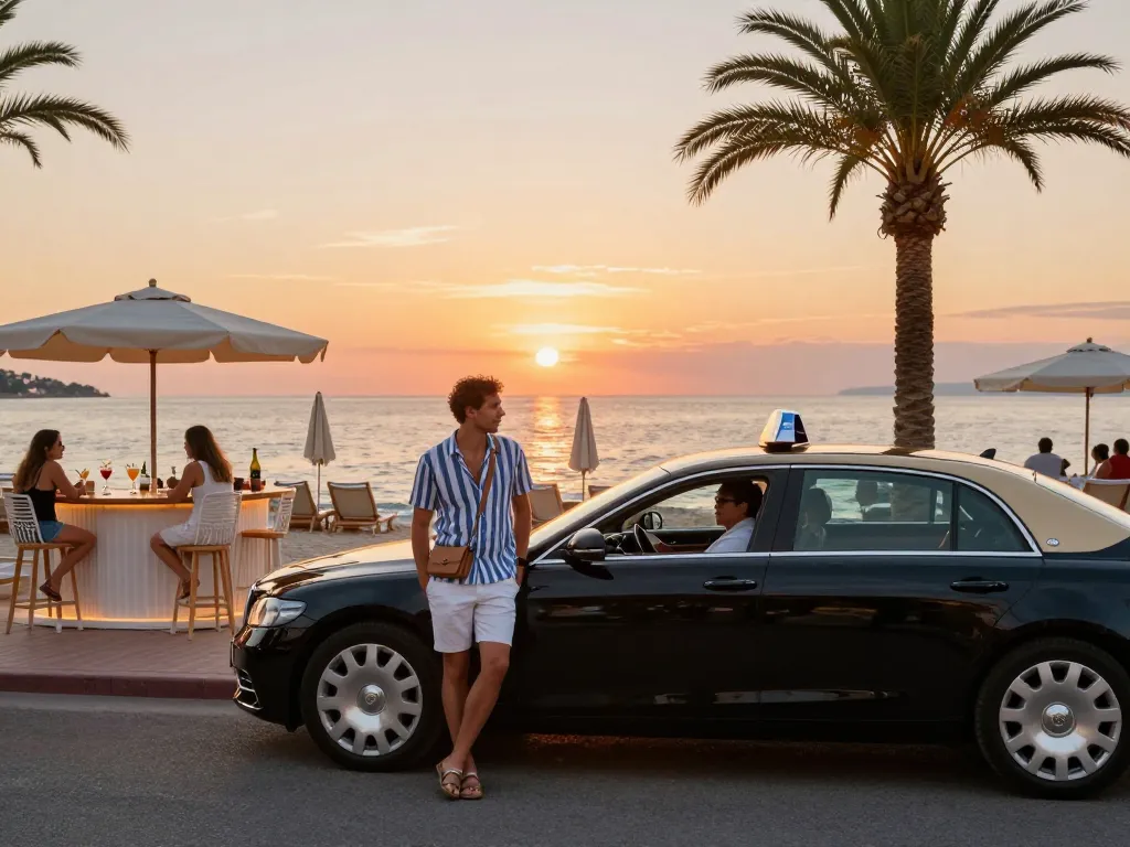 Taxi St Tropez dans un cadre côtier pittoresque avec un véhicule de luxe au coucher du soleil.