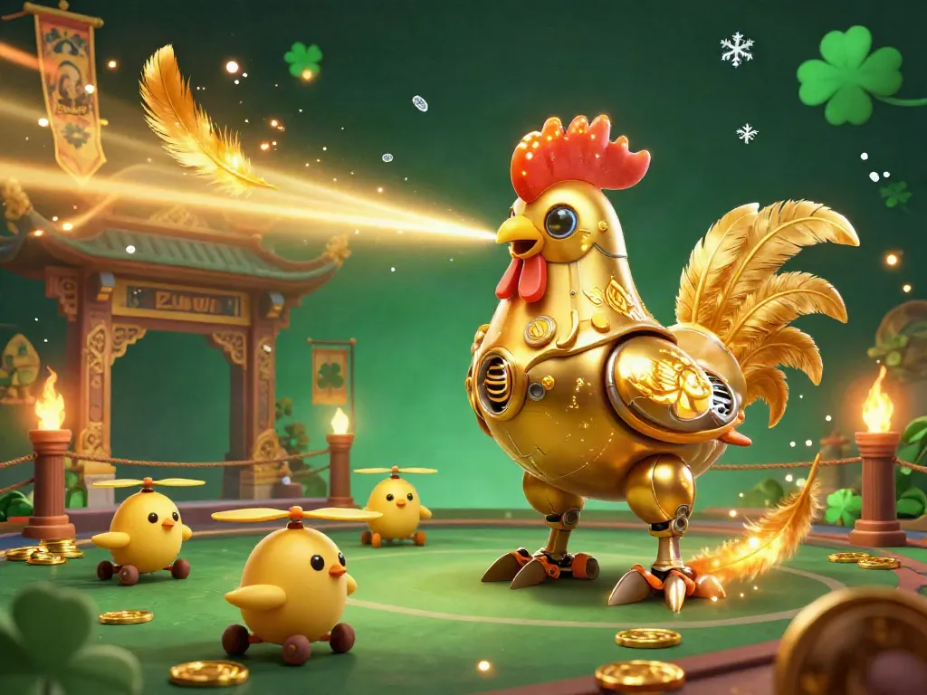 Engage in gaming action at Sunwin, showcasing a golden rooster robot and cute chick drones in an exciting casino scene.