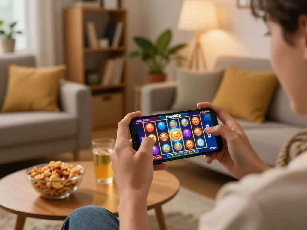 Sesi permainan mobile yang menarik bermain slot rokok88 di smartphone di ruang tamu yang nyaman.