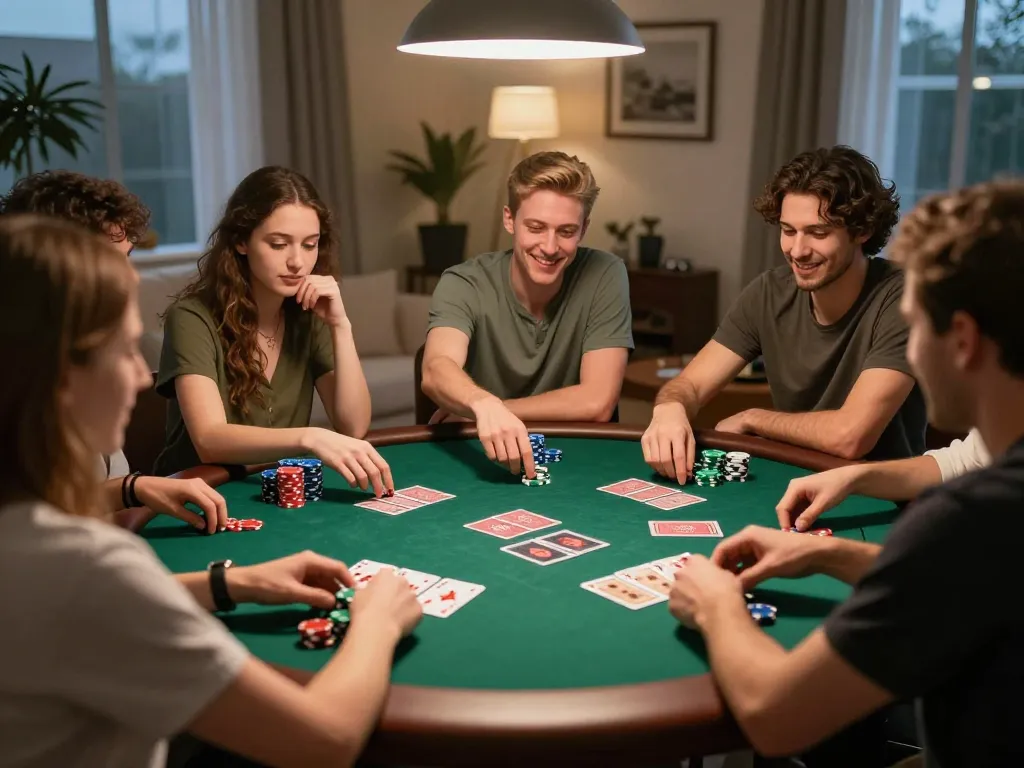 Players engaging in a lively poker night at home, showcasing the social enjoyment of slot pulsa gaming.