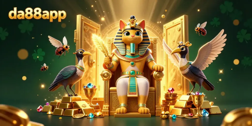 Experience thrilling wins at da88app with a majestic pharaoh cat and golden treasures in an ultra-detailed illustration.