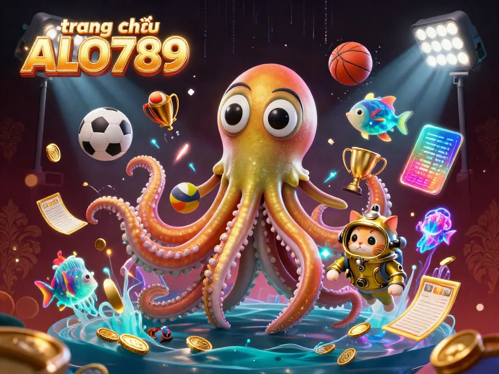 Engage with the lively scene showcasing trang chủ ALO789, featuring a kraken and diving cat among vibrant sports elements.