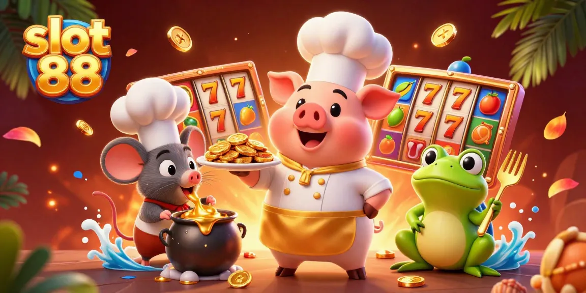 Spin and win at slot 88 with dynamic characters serving gold coins in a vibrant casino illustration.