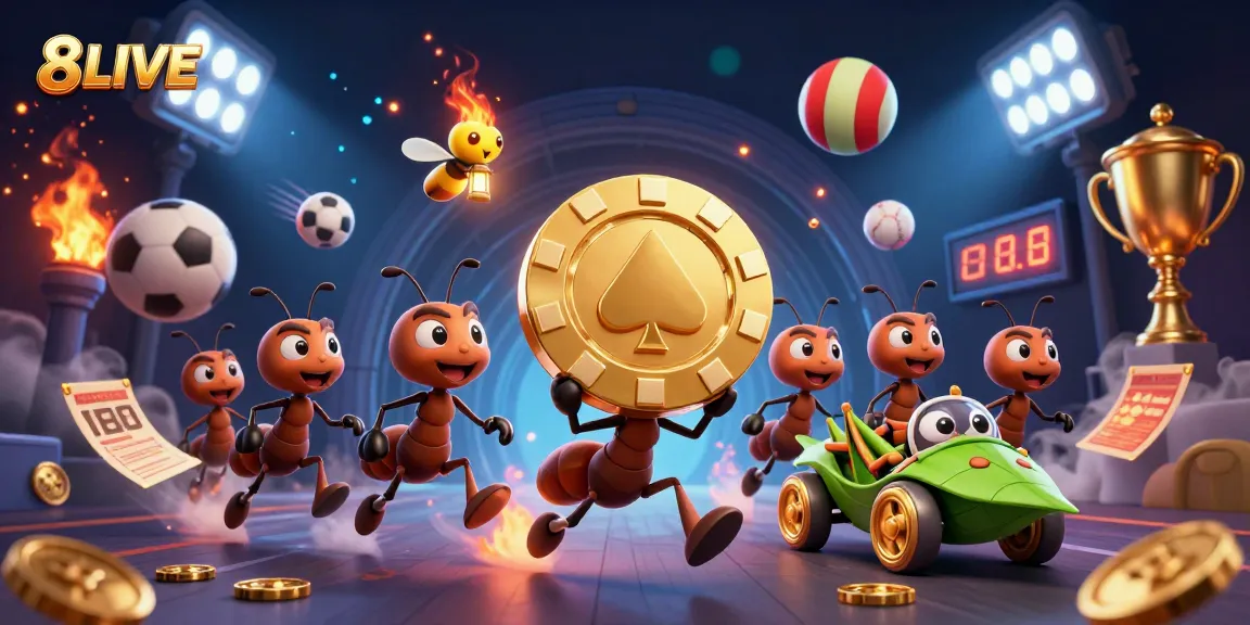 8LIVE showcases ants executing a high-stakes heist with golden poker chips in a vibrant casino scene.