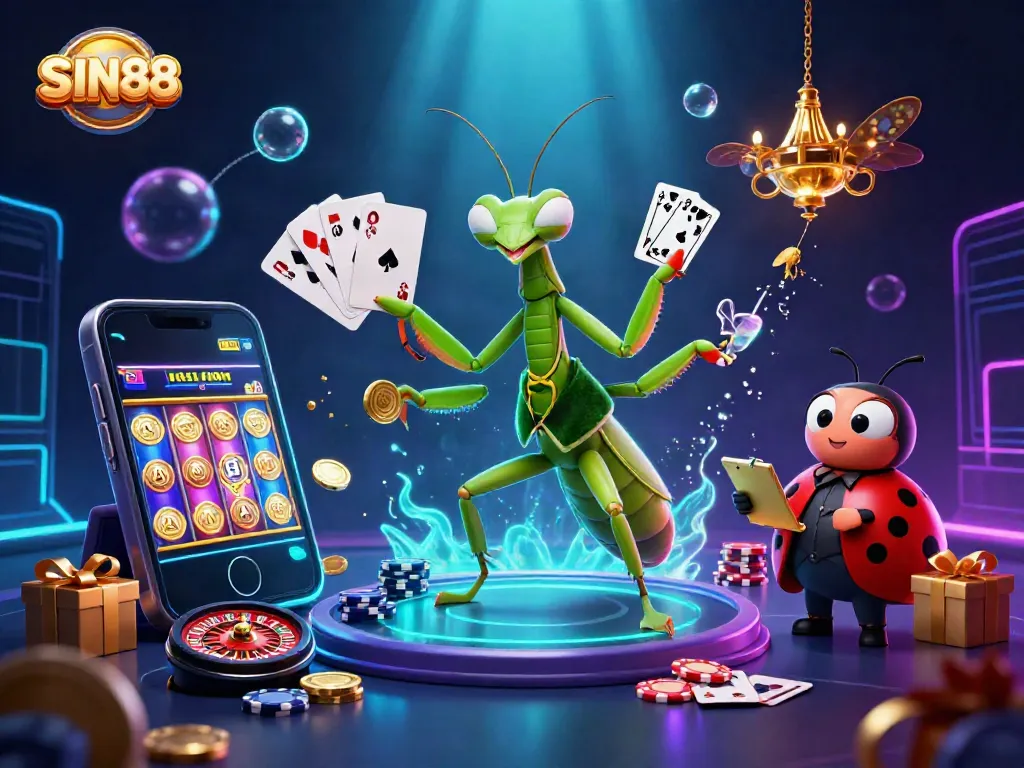 SIN88 showcases an energetic scene with a giant praying mantis card sharp dealing cards and celebrating wins.