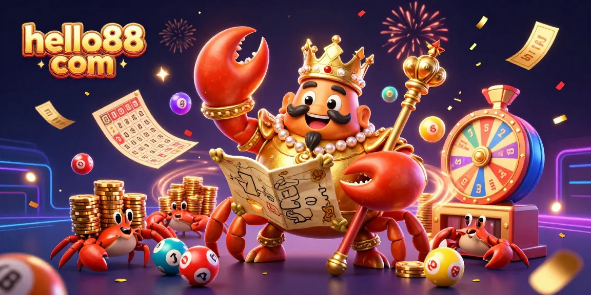 Join the excitement at hello88 com with a dynamic 3D casino illustration of the golden crab emperor and thrilling lottery elements.