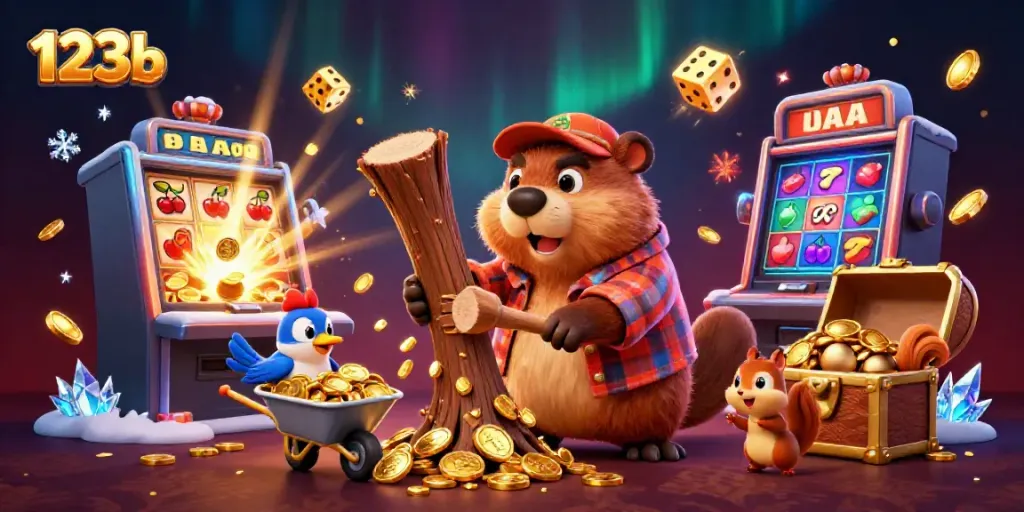 Engage in fun with 123b as a lumberjack beaver chops a tree raining coins, surrounded by casino elements.
