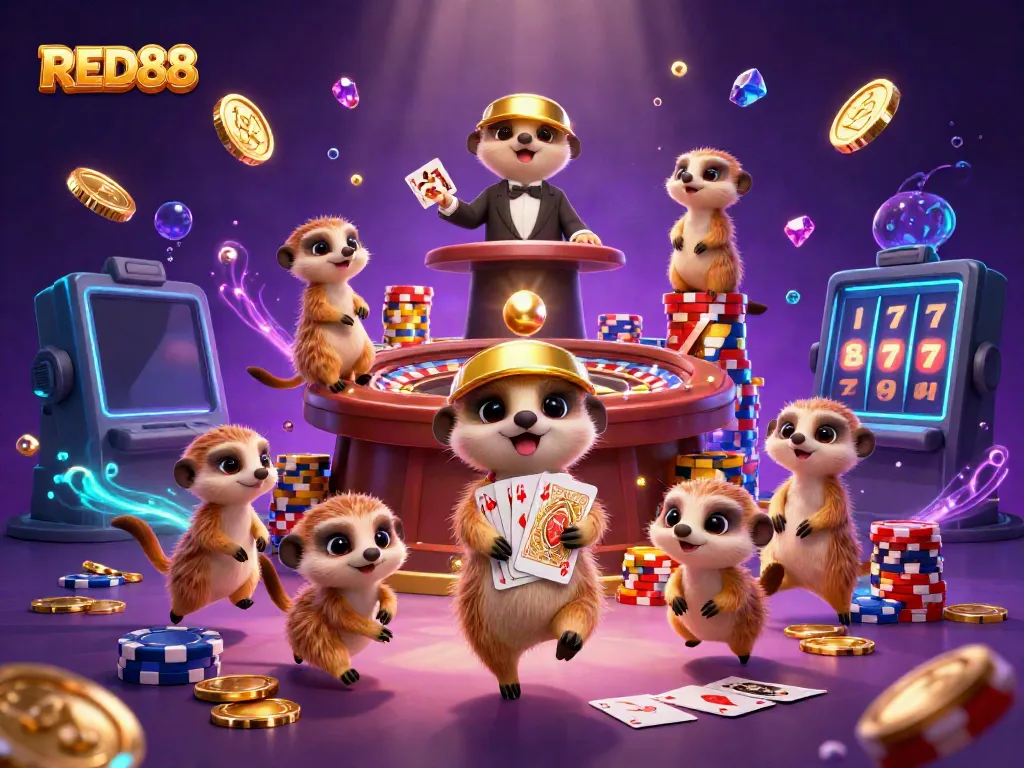 Experience thrilling gaming action with RED88 at a vibrant casino scene featuring meerkats and dazzling games.