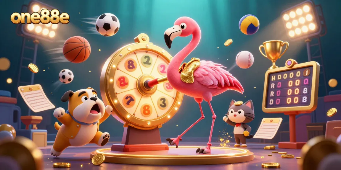 Join the excitement at one88e with a dynamic game show scene featuring a flamingo, bulldog, and scoreboard cat!