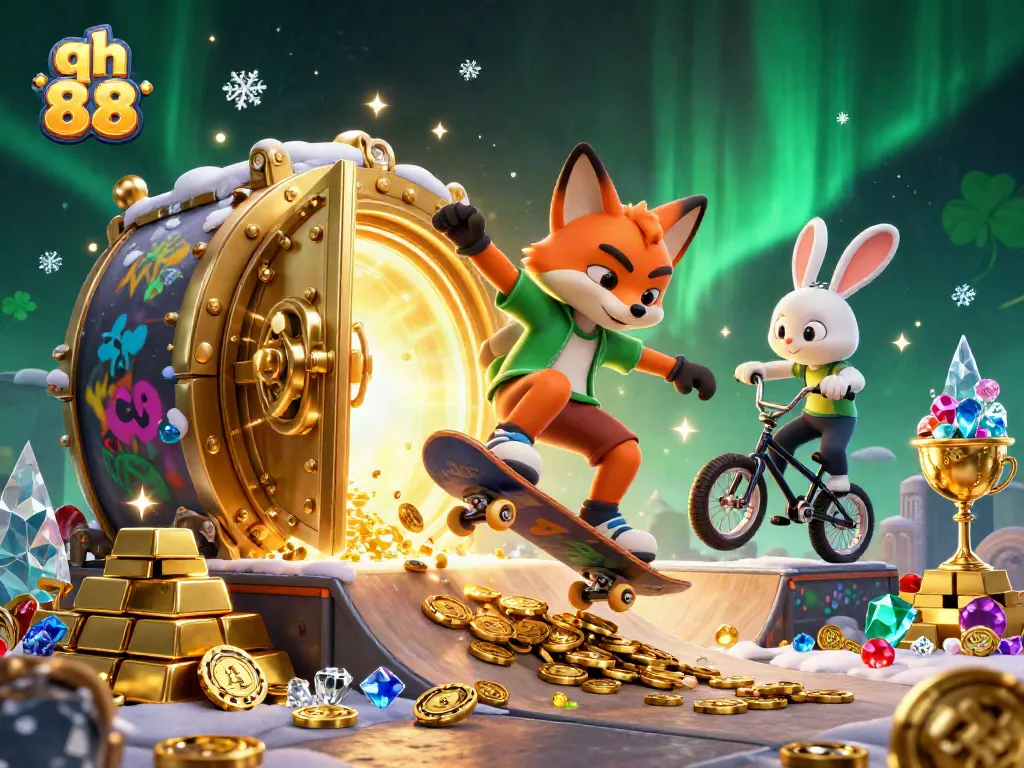 Experience the excitement of qh 88 with cartoon characters in a rich casino themed scene.