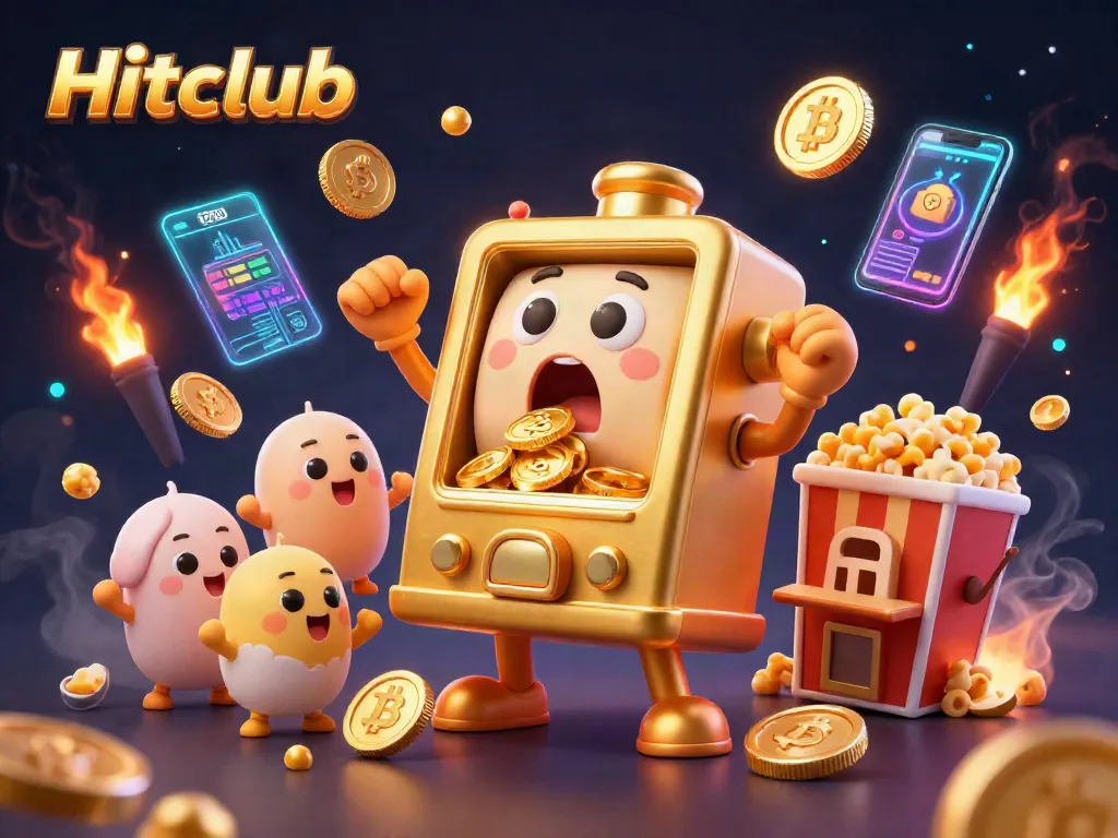 Hitclub slot machine celebrates winning with coins pouring out, surrounded by crypto elements and cheers.