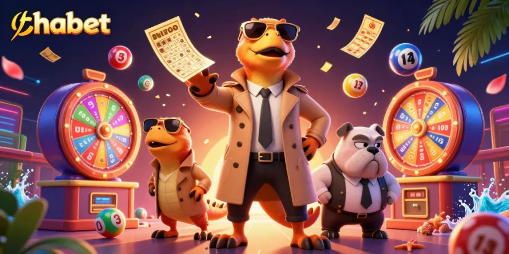 Experience excitement at thabet with fun lottery balls and casino characters in a vibrant scene.