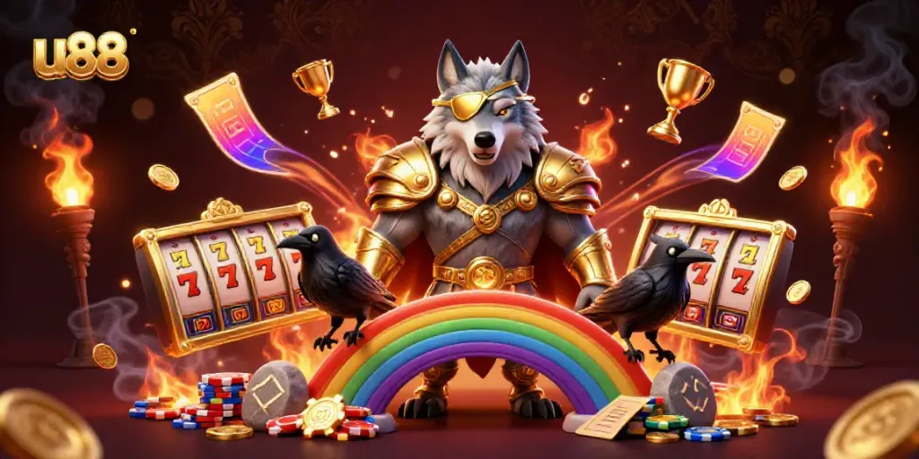 Play slots with u88 as Odin and his ravens guard the jackpot in this dynamic casino scene.